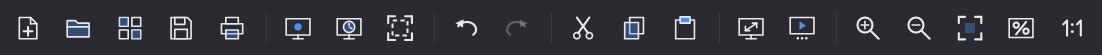 The toolbar: new, open, browse, save, print, three capture buttons, undo, redo, cut, copy, paste, full screen, slideshow, zoom in, zoom out, fit, 100 percent and 1 to 1